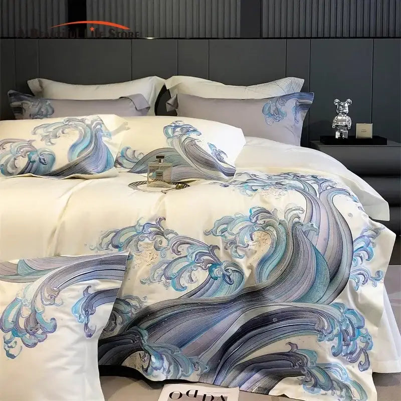 Elegant white satin bedding set with intricate blue tides waves embroidery on duvet cover and pillowcases