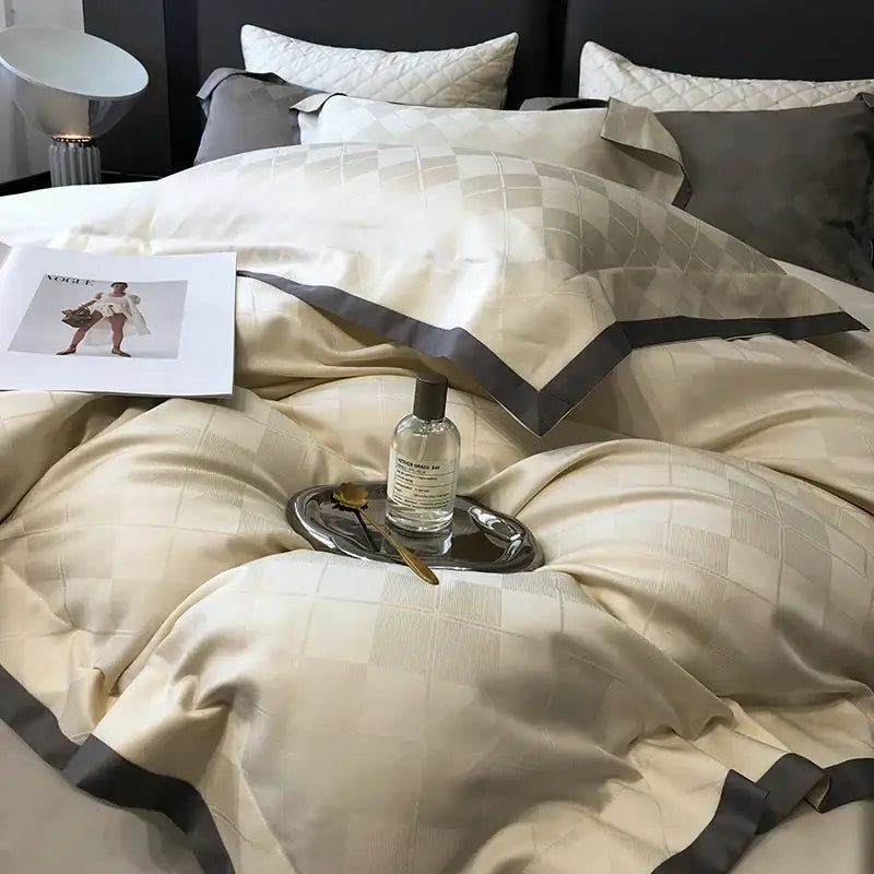 Luxury blush pink floral jacquard duvet cover set with cream satin duvet cover featuring subtle diamond pattern and gray trim