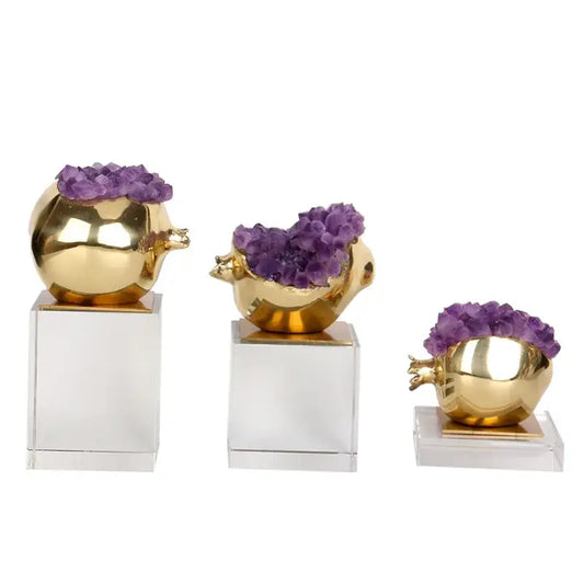 Luxury brass and purple crystal pomegranate living room ornament with golden base and amethyst crystal clusters on top