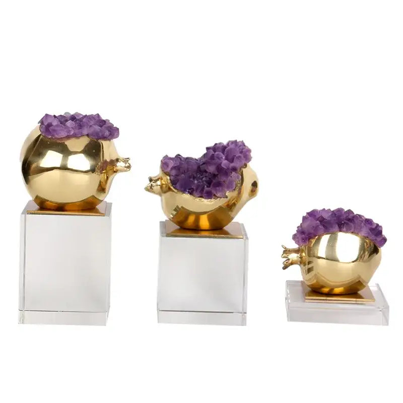 Luxury brass and purple crystal pomegranate living room ornament with golden base and amethyst crystal clusters on top