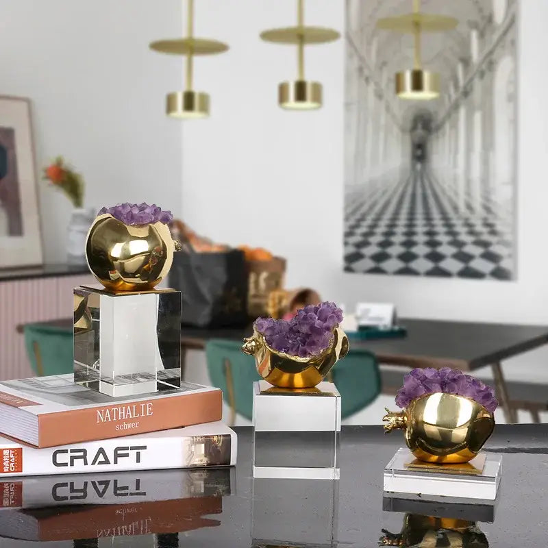 Luxury brass and purple crystal pomegranate living room ornament with polished golden finish and amethyst crystal clusters