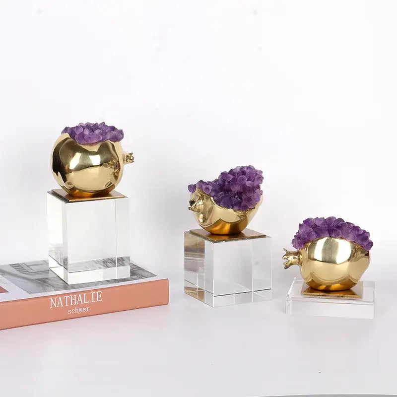 Luxury brass living room ornament featuring golden crystal pomegranate with purple crystal amethyst clusters