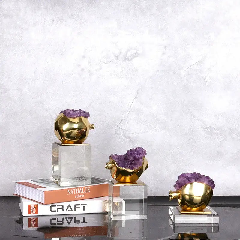Luxury brass and purple crystal pomegranate living room ornament with golden metal and amethyst crystal cluster base