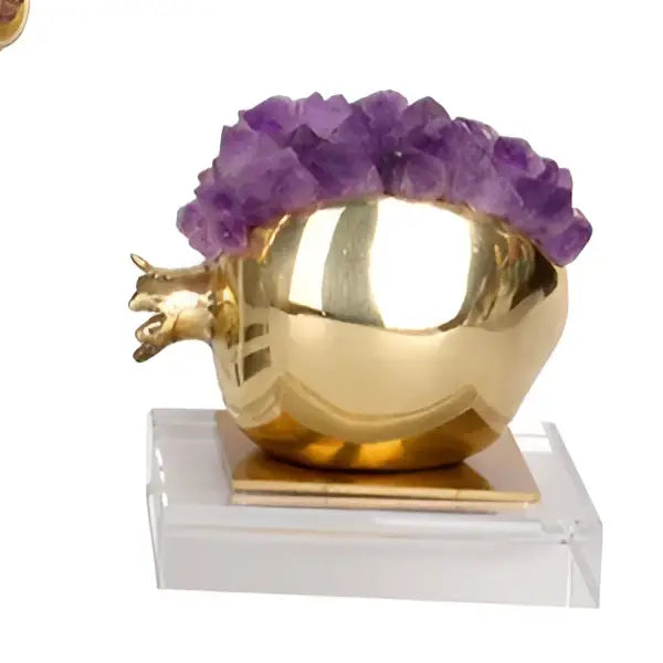 Luxury brass living room ornament shaped like a golden crystal pomegranate topped with purple amethyst crystals
