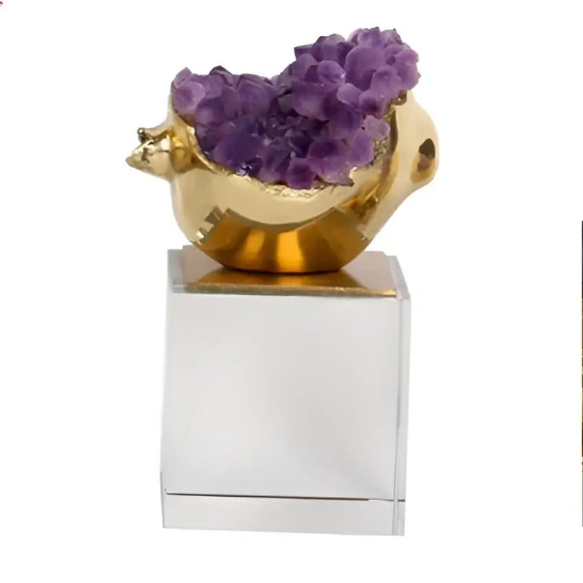 Luxury brass bird figurine with purple crystal pomegranate amethyst cluster on clear acrylic living room ornament
