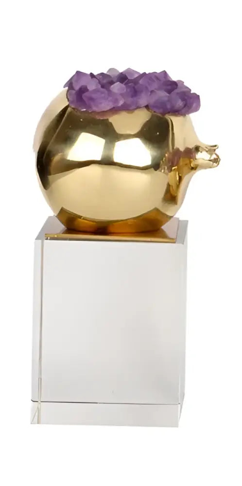 Luxury brass living room ornament featuring a crystal pomegranate with purple crystal amethyst accents on acrylic base