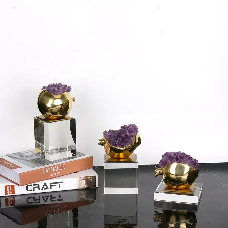 Luxury brass crystal pomegranate figurines with purple crystal amethyst clusters on clear acrylic bases for living room decor