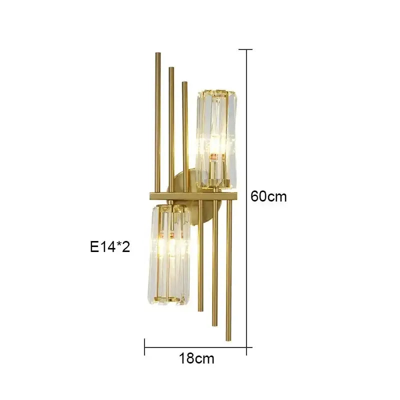 Luxury brass crystal wall lamp with gold-toned wall sconce, slender rods, and ribbed crystal glass shades for bedroom decorbites crystal wall