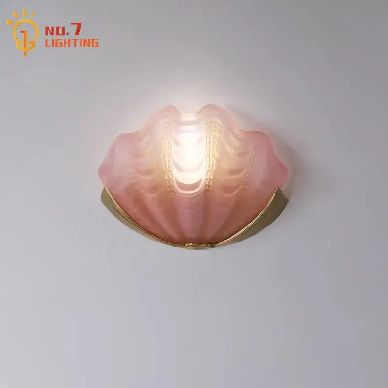 Pink frosted glass shell wall lamp with decorbites brass glass base for bedroom or living room luxury brass glass shell