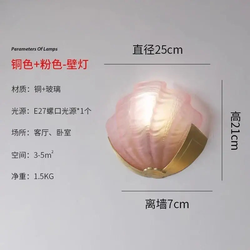 Luxury brass glass shell wall lamp in pink with a copper base for bedroom or living room decorbites brass glass design