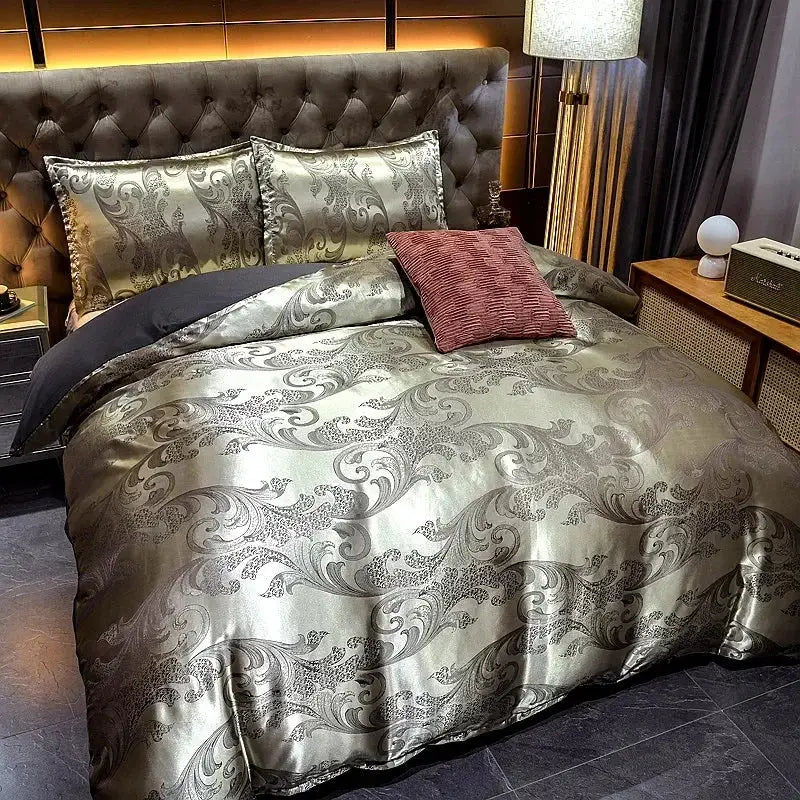 Luxurious metallic silver satin duvet cover bedding set with paisley patterns and dark gray contrast decorbites jacquard luxury