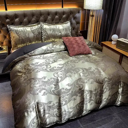 Luxurious metallic silver satin duvet cover bedding set with paisley patterns and dark gray contrast decorbites jacquard luxury