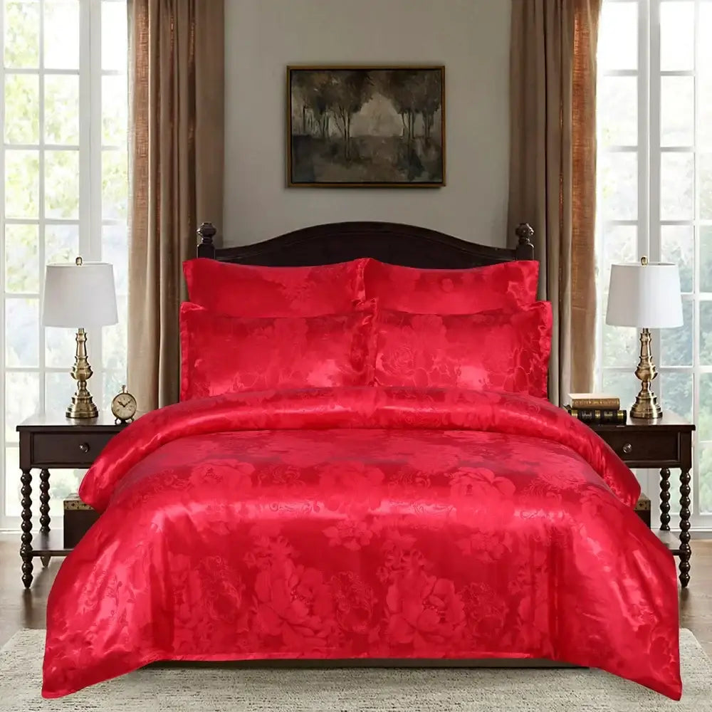 Vibrant red satin bedding set with elegant floral damask pattern for decorbites jacquard luxury duvet cover decor