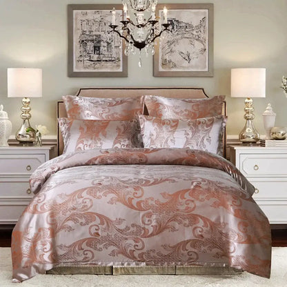 Elegant rose-gold and silver damask jacquard satin bedding set with matching skirt for luxury decorbites duvet cover decor