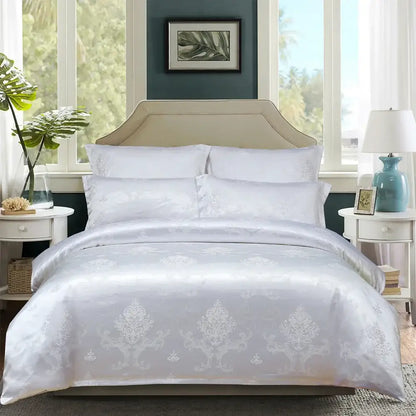 White satin duvet cover with subtle silver damask pattern from luxury brown and gold decorbites jacquard bedding set
