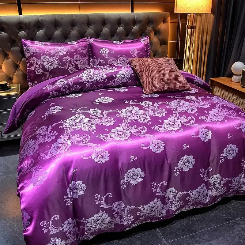 Luxurious purple satin bedding set with intricate white floral jacquard patterns for elegant decorbites jacquard luxury decor