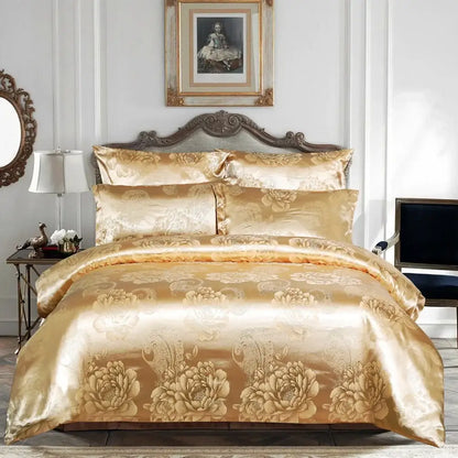 Luxury brown and gold damask duvet cover bedding set with golden satin and intricate floral embroidery decorbites jacquard luxury