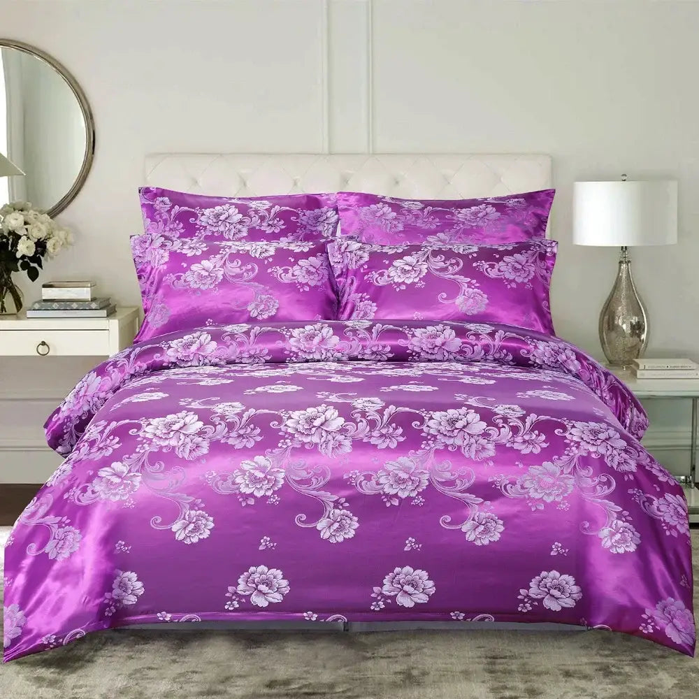 Luxury brown and gold damask jacquard bedding set with purple satin floral duvet cover for elegant bedroom decorbites decor