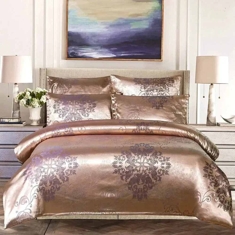 Luxurious rose gold satin bedding set with intricate purple damask embroidery for decorbites jacquard luxury duvet cover