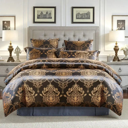 Luxurious brown and gold damask jacquard duvet cover bedding set with satin finish and plush tufted gray headboard decorbites luxury