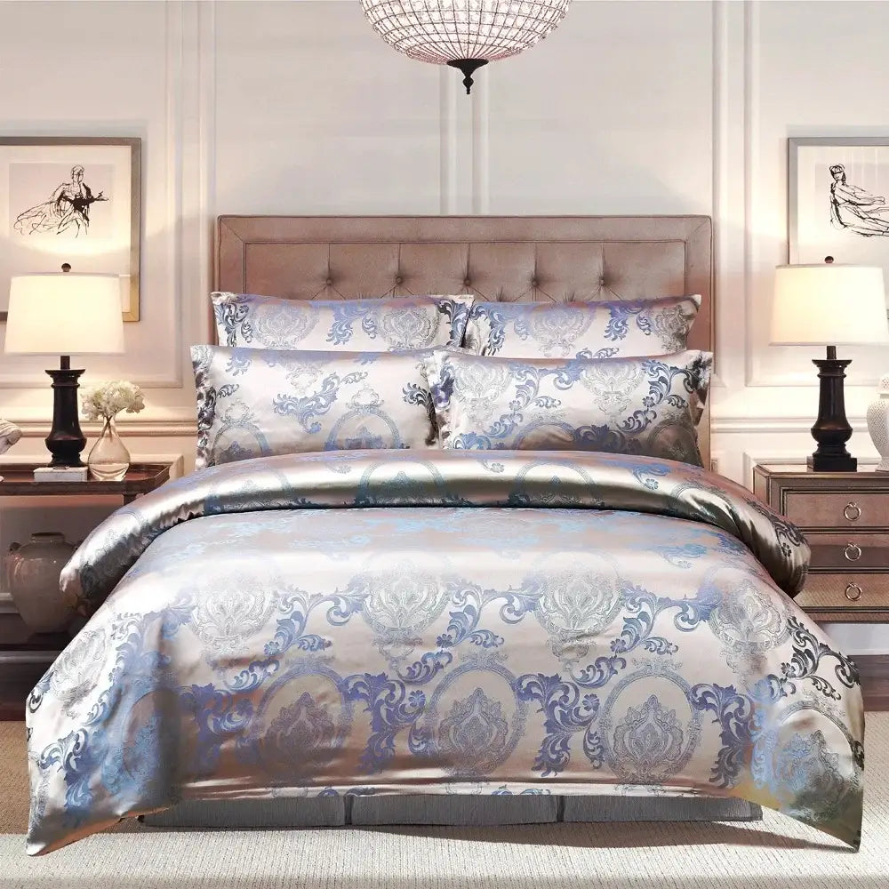 Luxurious satin bedding set with elegant blue and silver damask pattern featuring decorbites jacquard luxury duvet cover