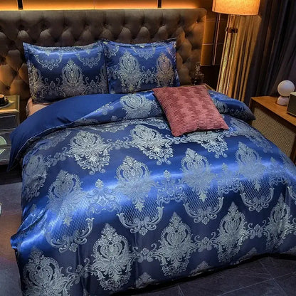 Luxury brown and gold damask duvet cover bedding set with royal blue satin and silver decorbites jacquard luxury accents