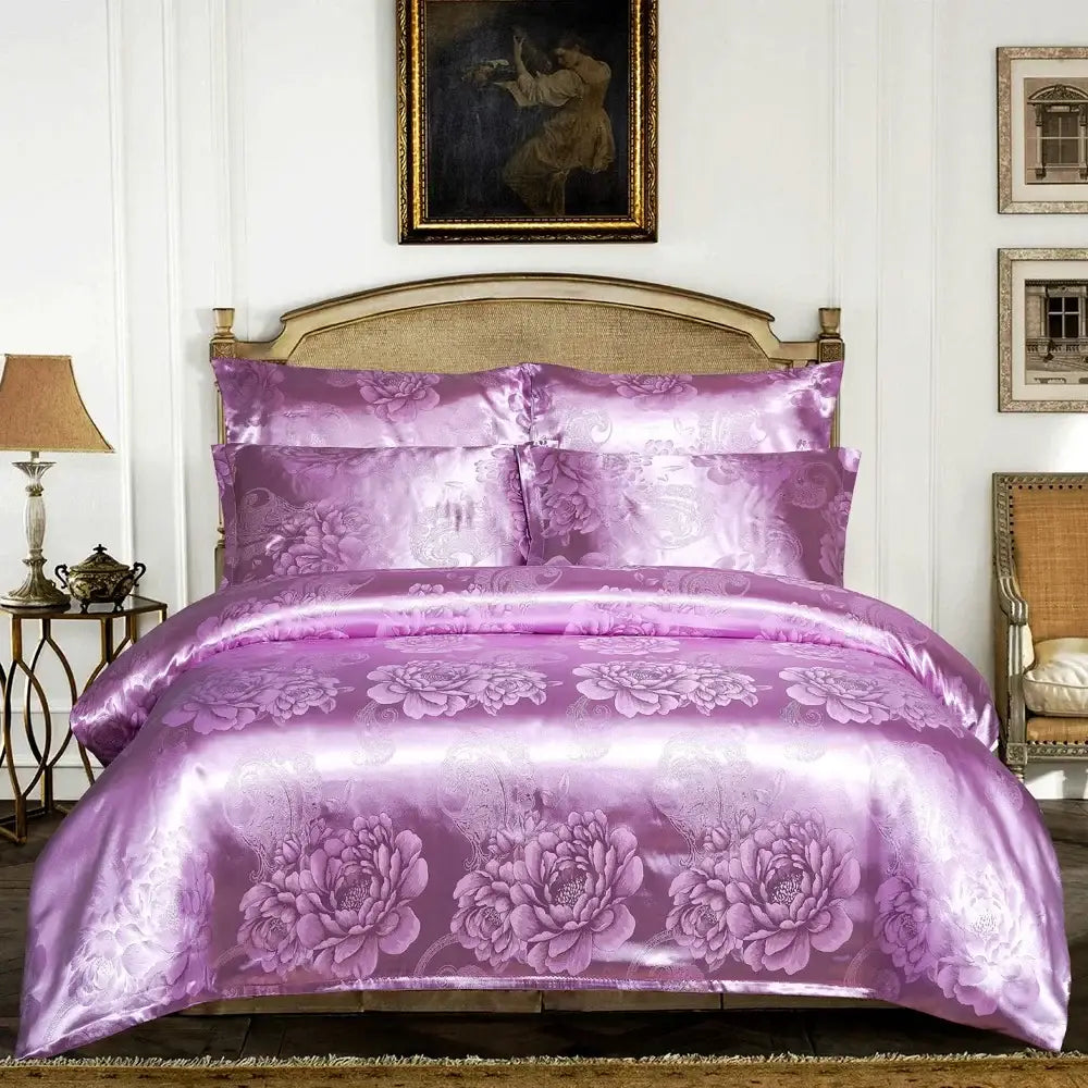 Lustrous lavender satin bedding set with elegant floral pattern in luxury brown and gold damask duvet cover decorbites jacquard luxury
