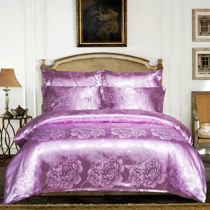 Lustrous lavender satin bedding set with elegant floral pattern in luxury brown and gold damask duvet cover decorbites jacquard luxury