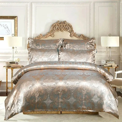 Luxury brown and gold damask jacquard satin bedding set with matching pillows and ornate headboard decorbites duvet cover