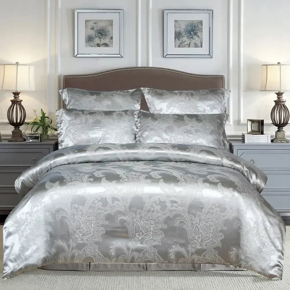 Silver satin comforter set with intricate floral pattern in luxury brown and gold damask duvet cover bedding set decorbites jacquard luxury