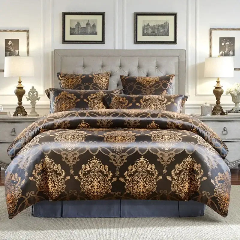 Elegant dark brown satin duvet cover bedding set with gold damask patterns and decorbites jacquard luxury accents