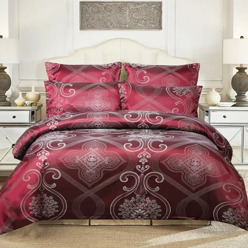Elegant burgundy satin bedding set with intricate silver-toned damask patterns for decorbites jacquard luxury duvet cover