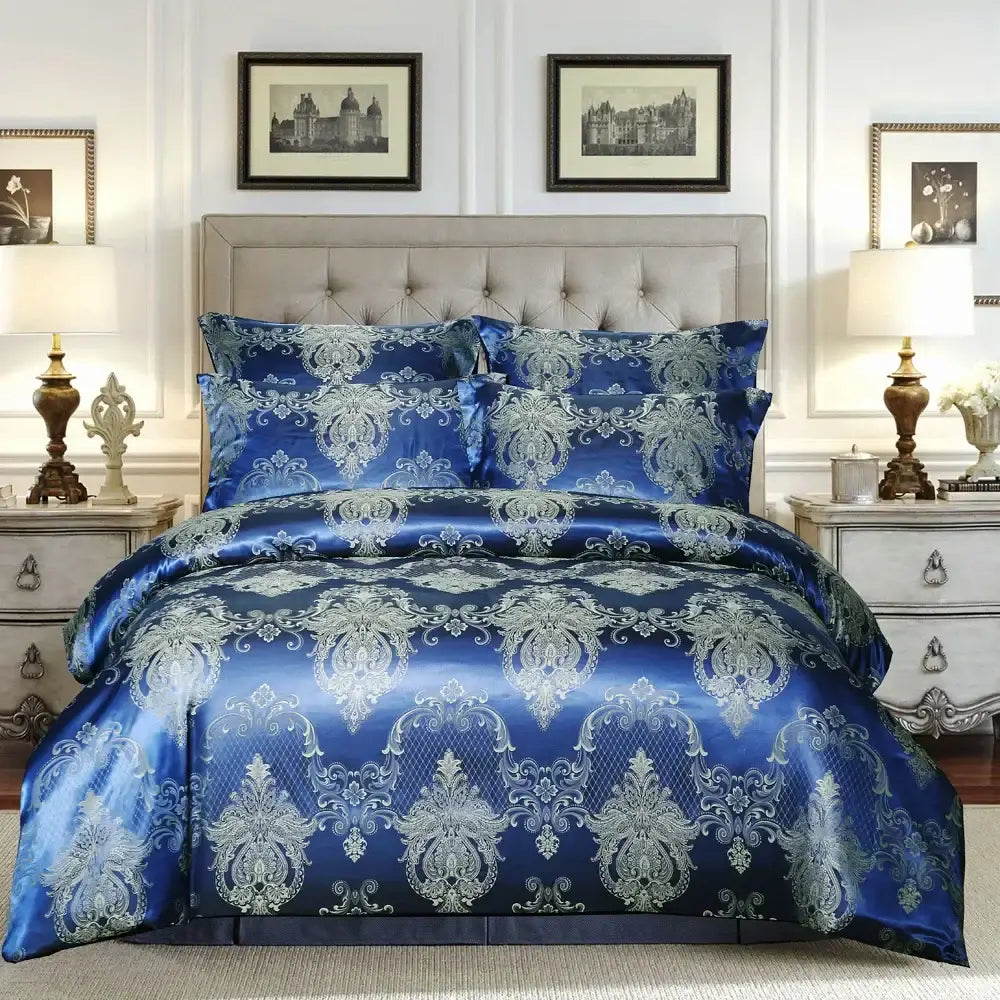 Blue satin comforter bedding set with intricate silver damask patterns for luxury decorbites jacquard luxury decor