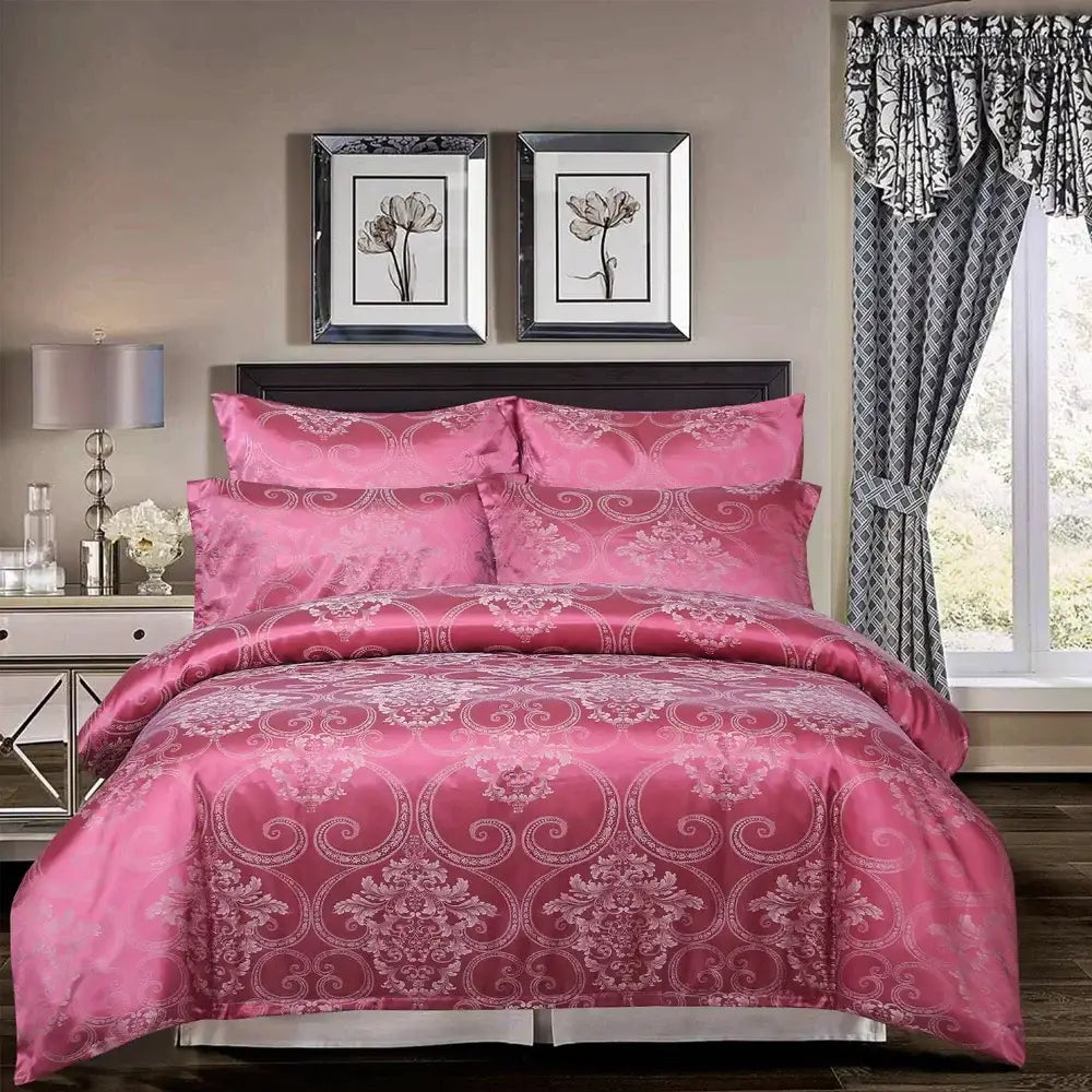 Luxury brown and gold damask duvet cover bedding set featuring pink satin comforter with intricate white patterns decorbites jacquard luxury