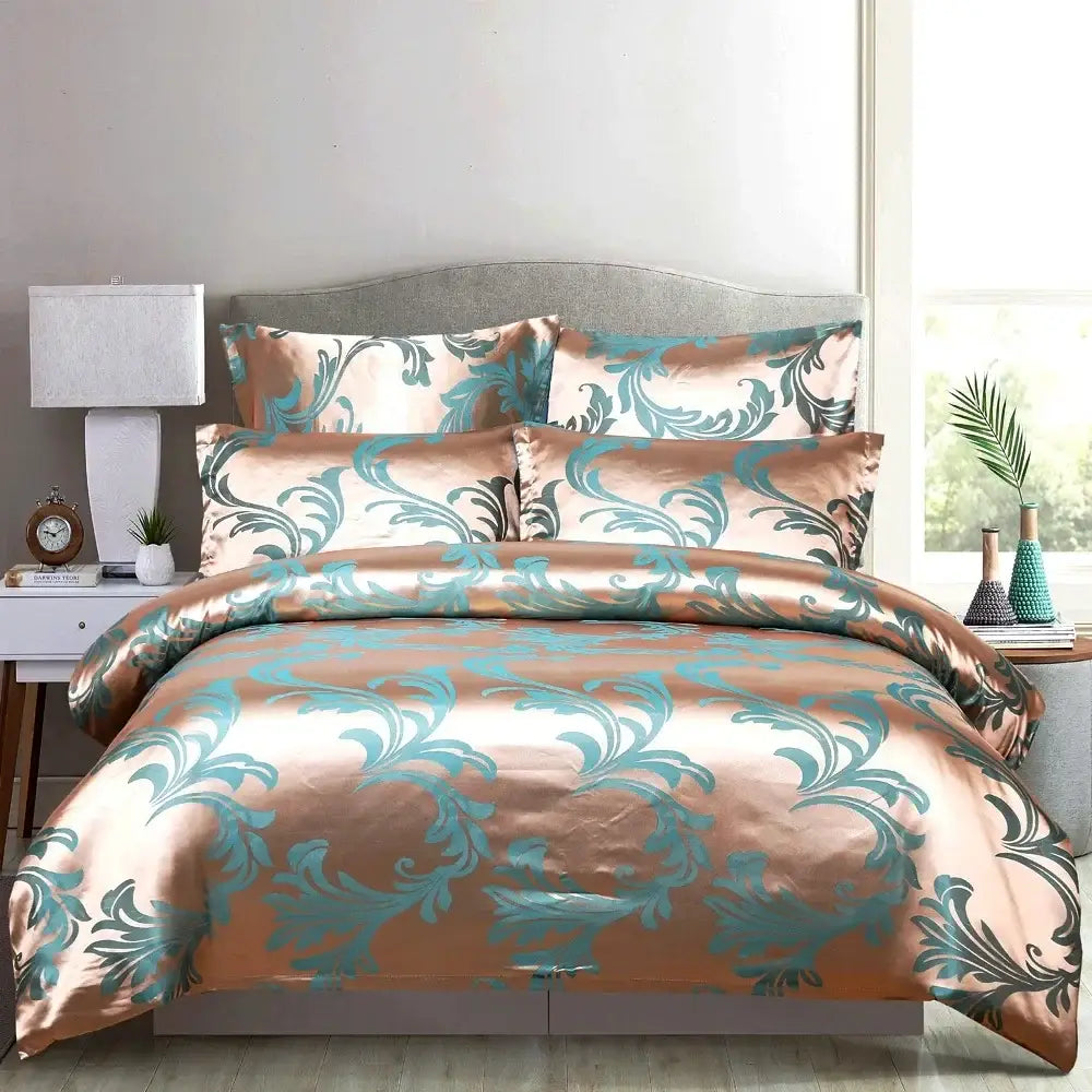 Shimmering rose gold satin duvet cover bedding set with teal and black damask pattern decorbites jacquard luxury decor