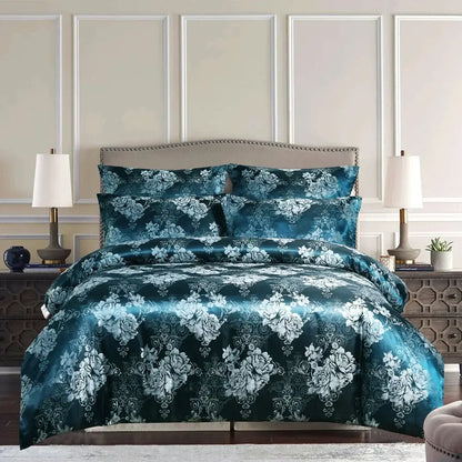 Teal satin comforter set with intricate white floral embroidery for luxury brown and gold damask duvet cover bedding set decorbites jacquard luxury