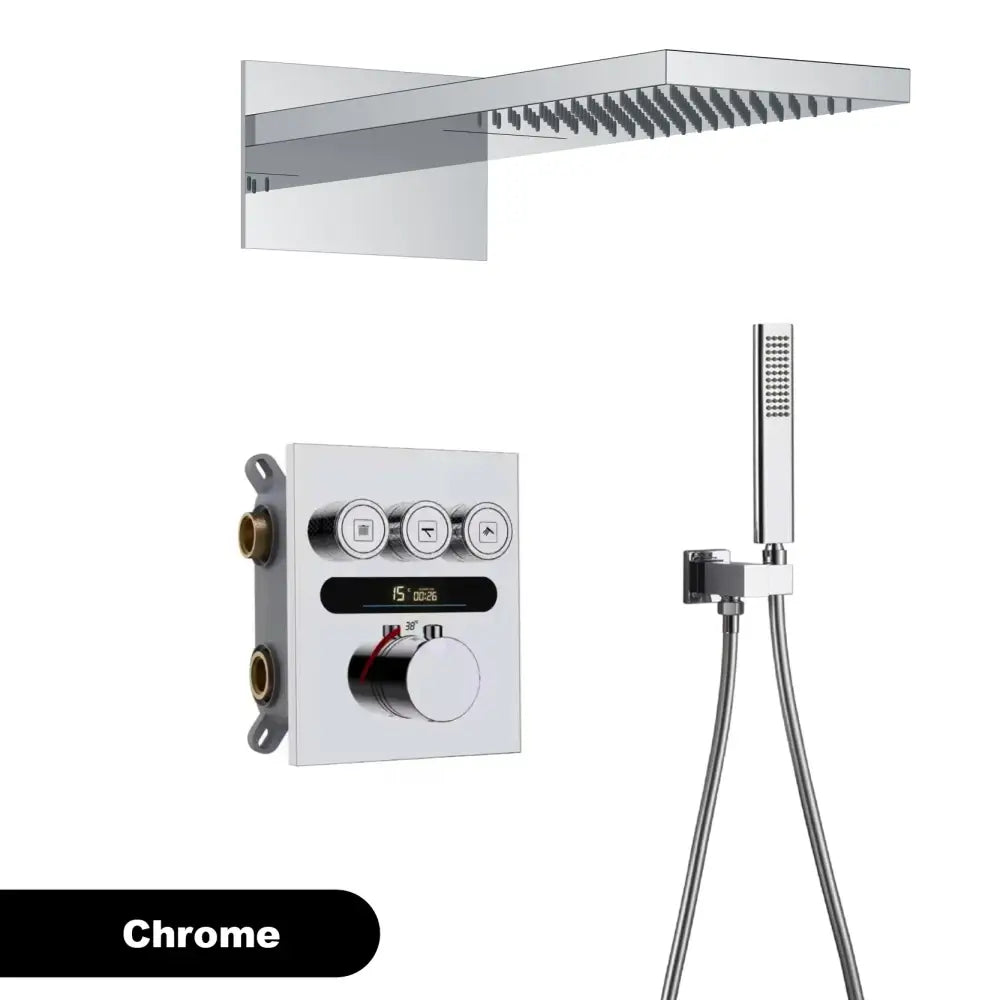 Chrome finished modern shower system with rectangular rainhead, digital wall control panel, and adjustable handheld shower