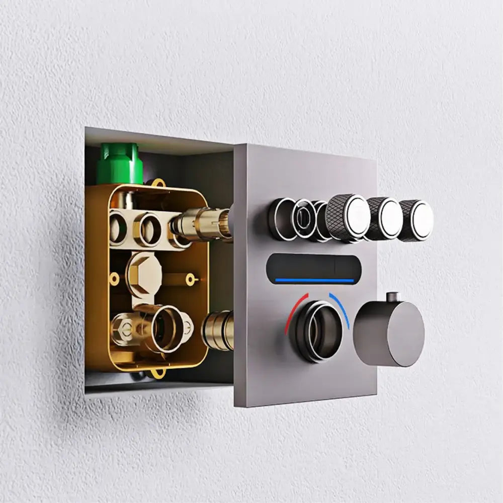 Modern brushed nickel shower control panel with brass connections for luxury brushed gold digital rainfall shower system