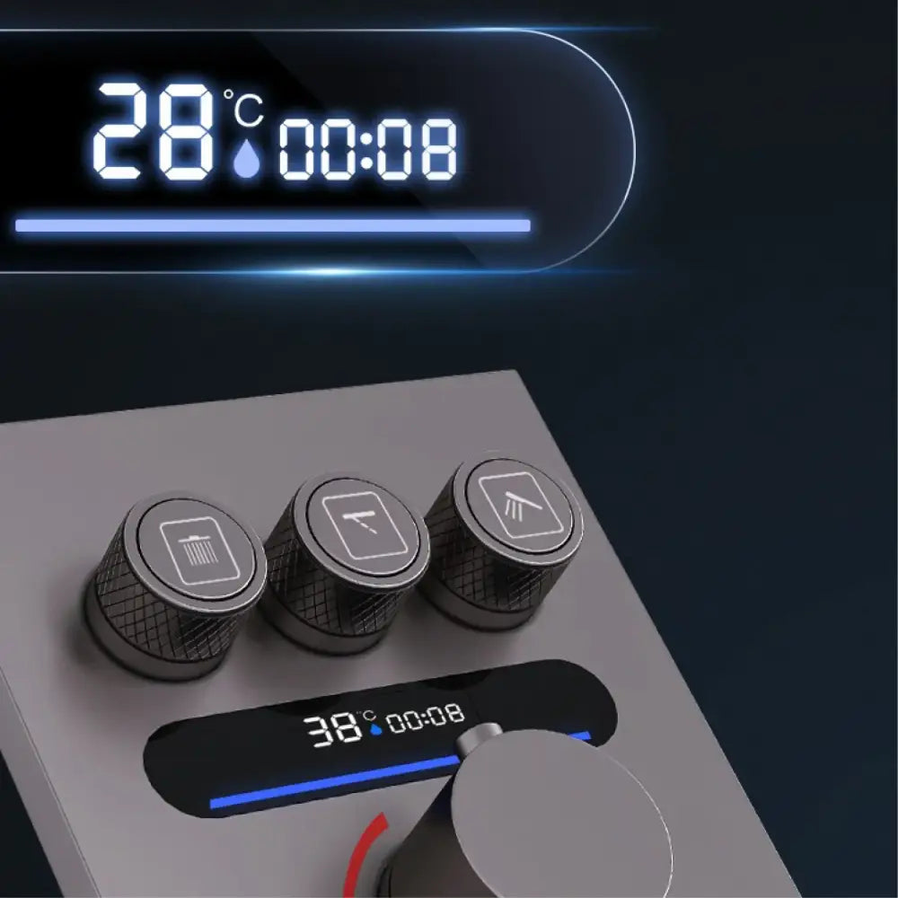 Luxury brushed gold digital rainfall shower system bathroom set featuring a silver digital thermostat with blue displays