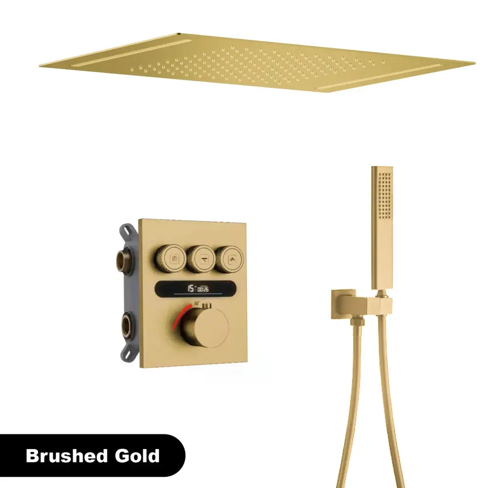 Luxury brushed gold digital rainfall shower system with square rain shower head, handheld shower, and wall control panel