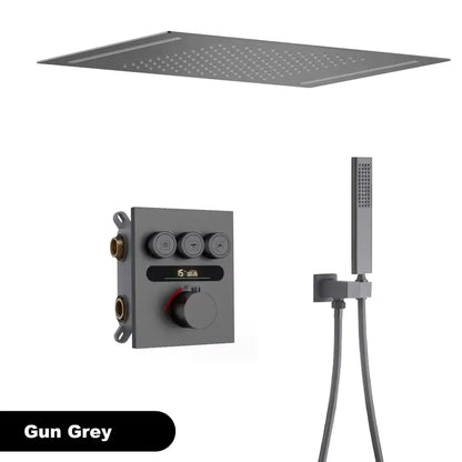 Gun grey square rain shower head with integrated handheld shower and matching wall-mounted control panel for luxury brushed gold bathroom set