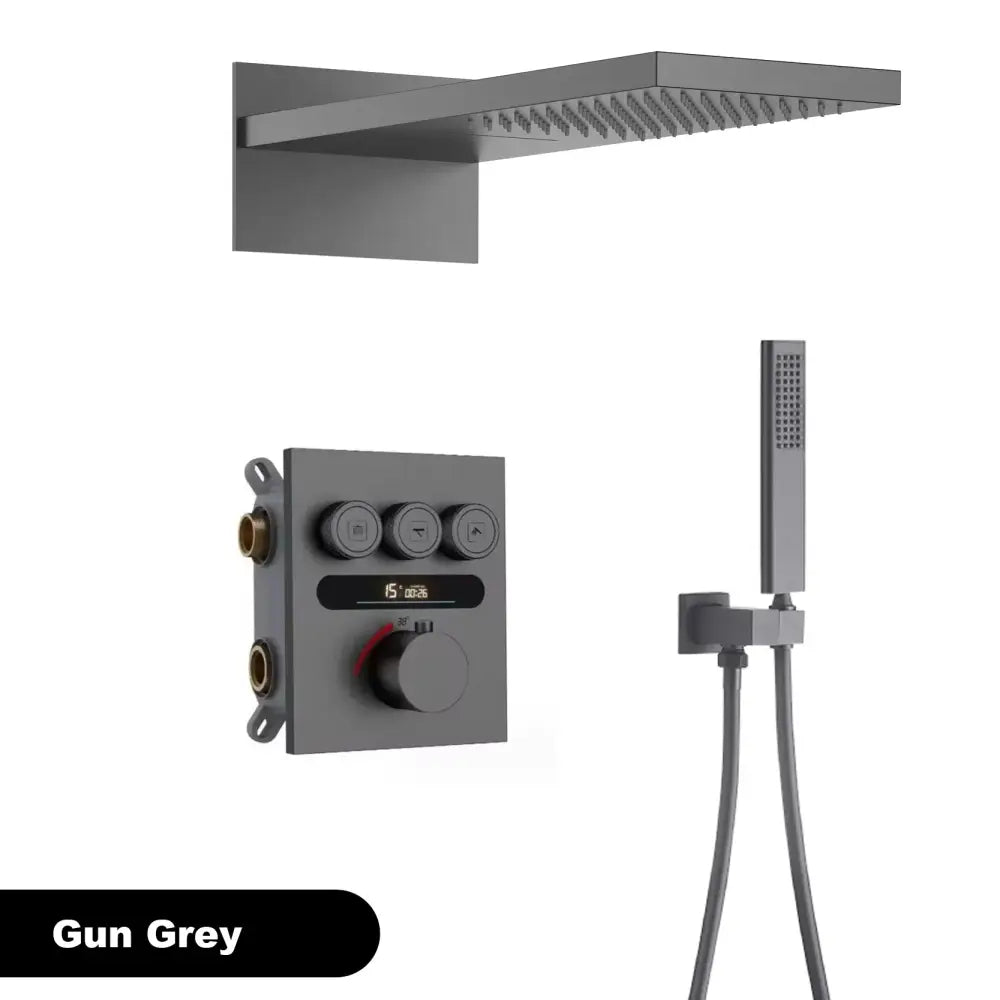 Luxury brushed gold digital rainfall shower system in gun grey with rectangular rainhead handheld spray and brass accents