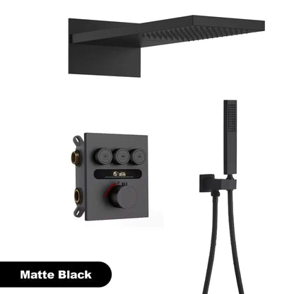 Luxury matte black modern shower system with rectangular rainhead handheld spray and digital temperature control panel