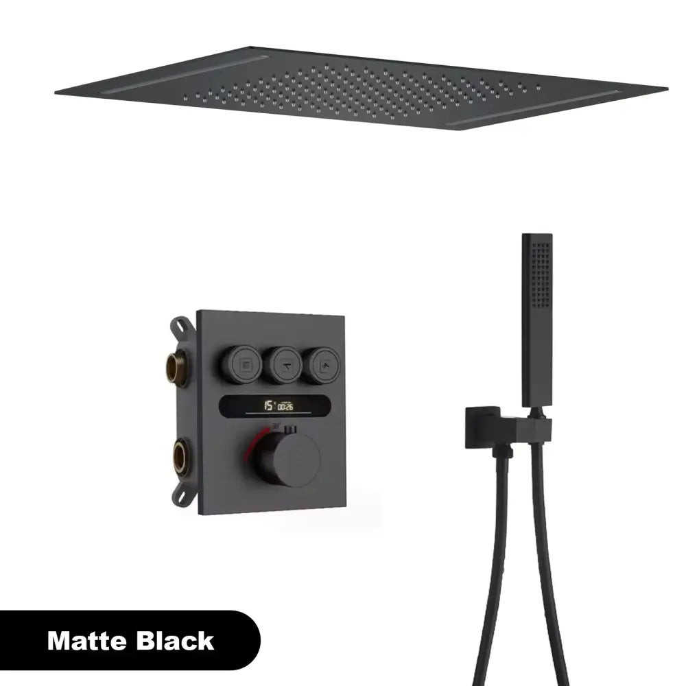 Matte black square rain shower head with integrated handheld shower and digital control panel in luxury brushed gold set