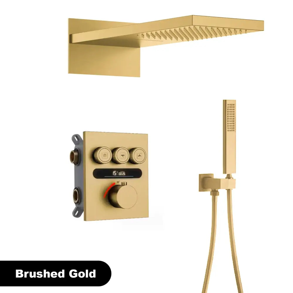 Luxury brushed gold digital rainfall shower system with rain shower head handheld shower and control panel for bathroom use