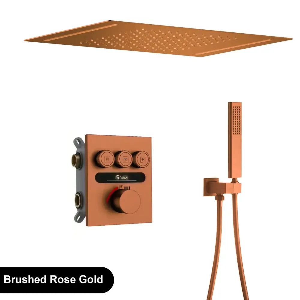 Brushed rose gold square rain shower head with matching handheld shower and control panel in luxury brushed gold digital rainfall shower system bathroom set