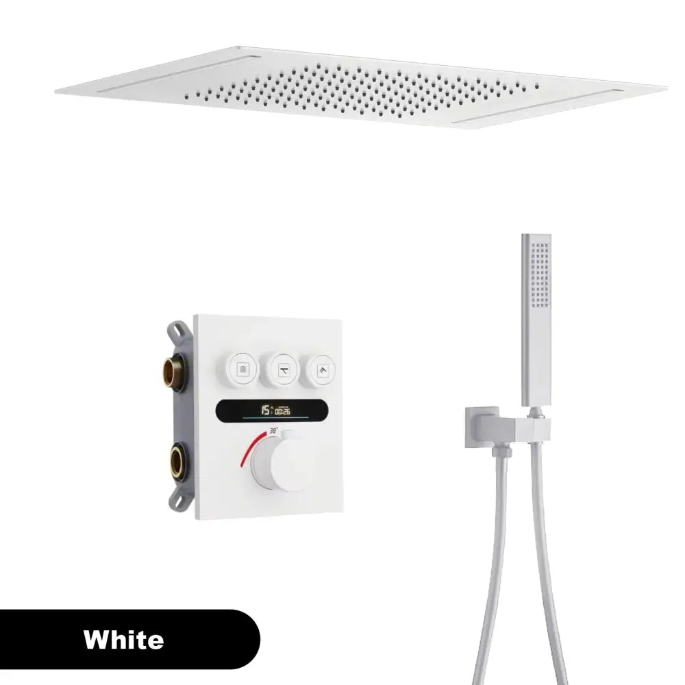 White rectangular rain shower head with sleek modern design and perforated surface for even water distribution in luxury brushed gold digital rainfall shower system bathroom set