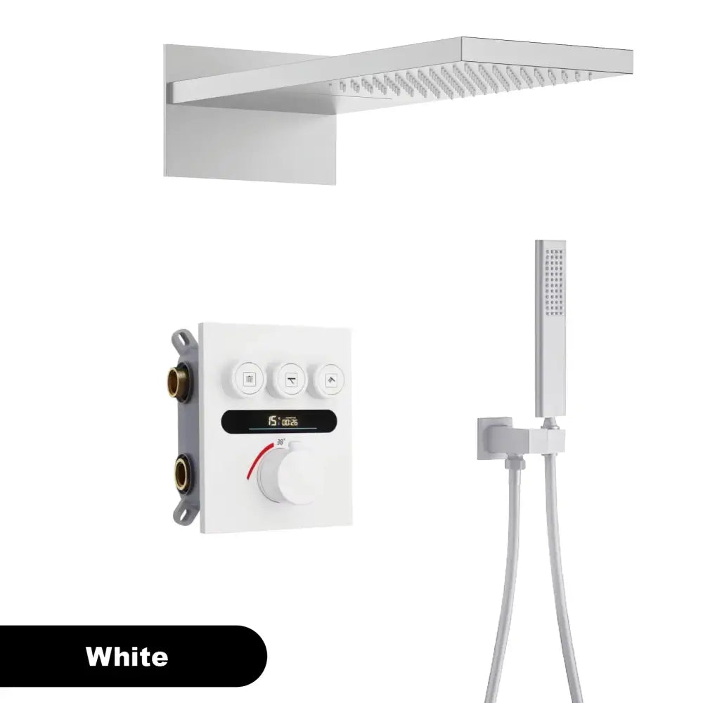 White rectangular rain shower head with multiple spray nozzles from luxury brushed gold digital rainfall shower system