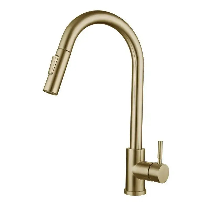 Modern brushed gold pull kitchen faucet with luxury textured finish and sleek curved spout by decorbites