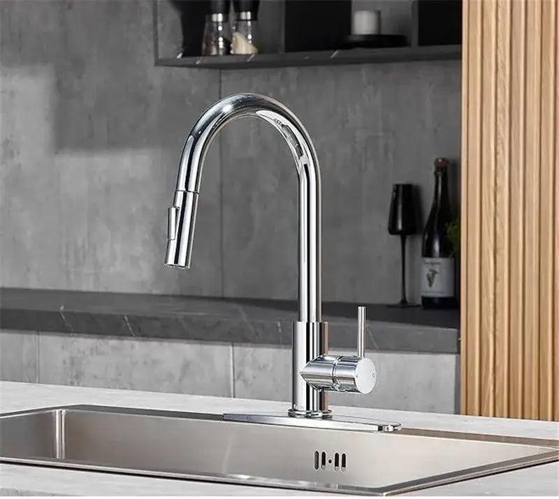 Modern kitchen faucet with chrome finish sleek curved spout and pull down spray head decorbites brushed gold pull